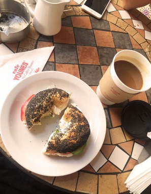 Bagel with Lebnah and Avocado and a Large Americano